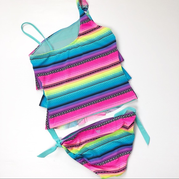 💜Justice Girls Multi Color Stripe 2piece swimsuit - Picture 4 of 5